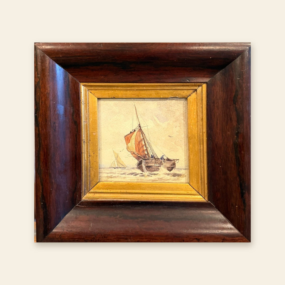 Antique Victorian miniature marine watercolor, sailing lugger, mahogany frame