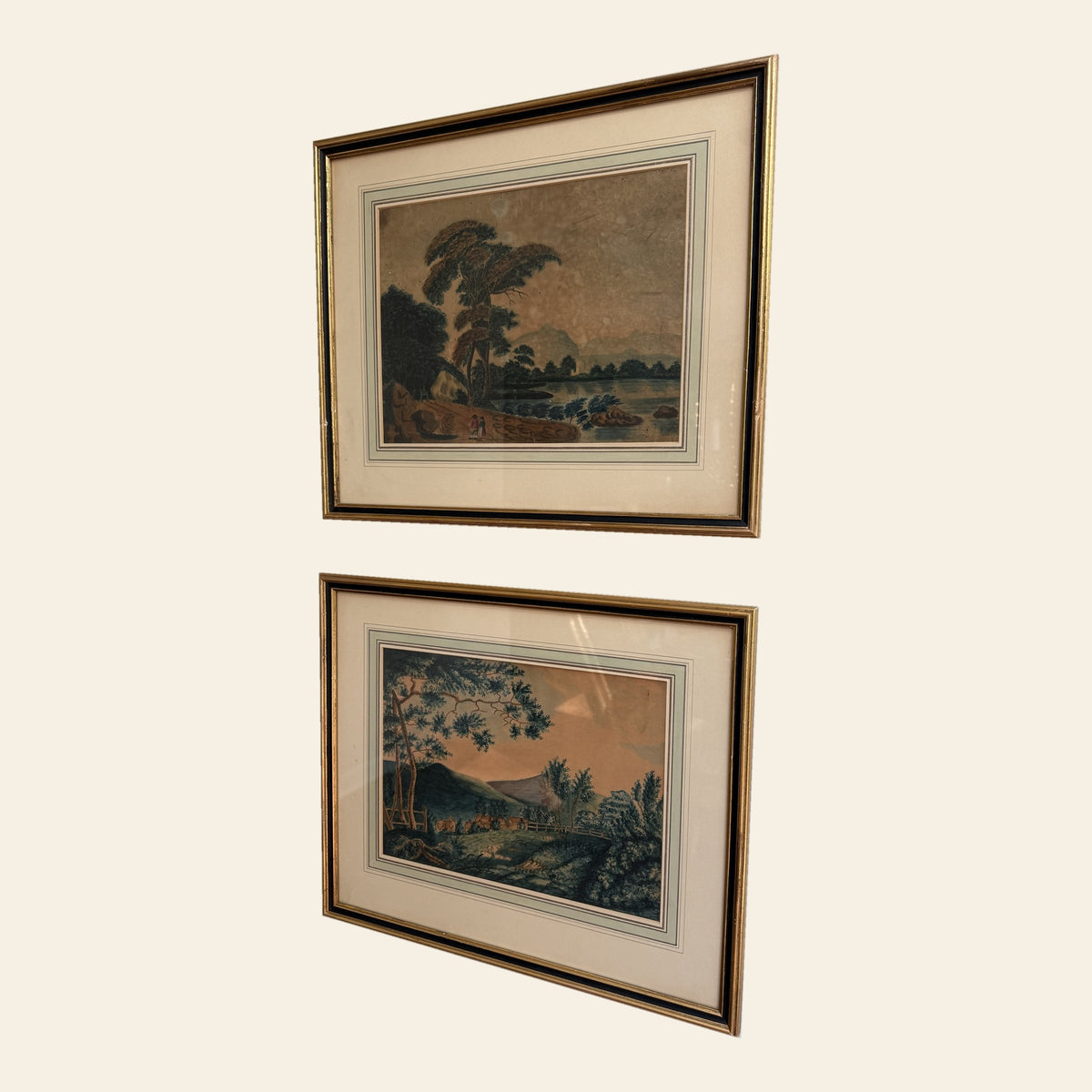 American Folk Art Watercolors, Pair, Landscapes, Proudfit Family, c.1850