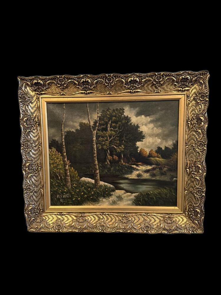 Signed Oil, Birch Trees and Stream Wooded Landscape, H.V. Walti 1922, Gilt Frame