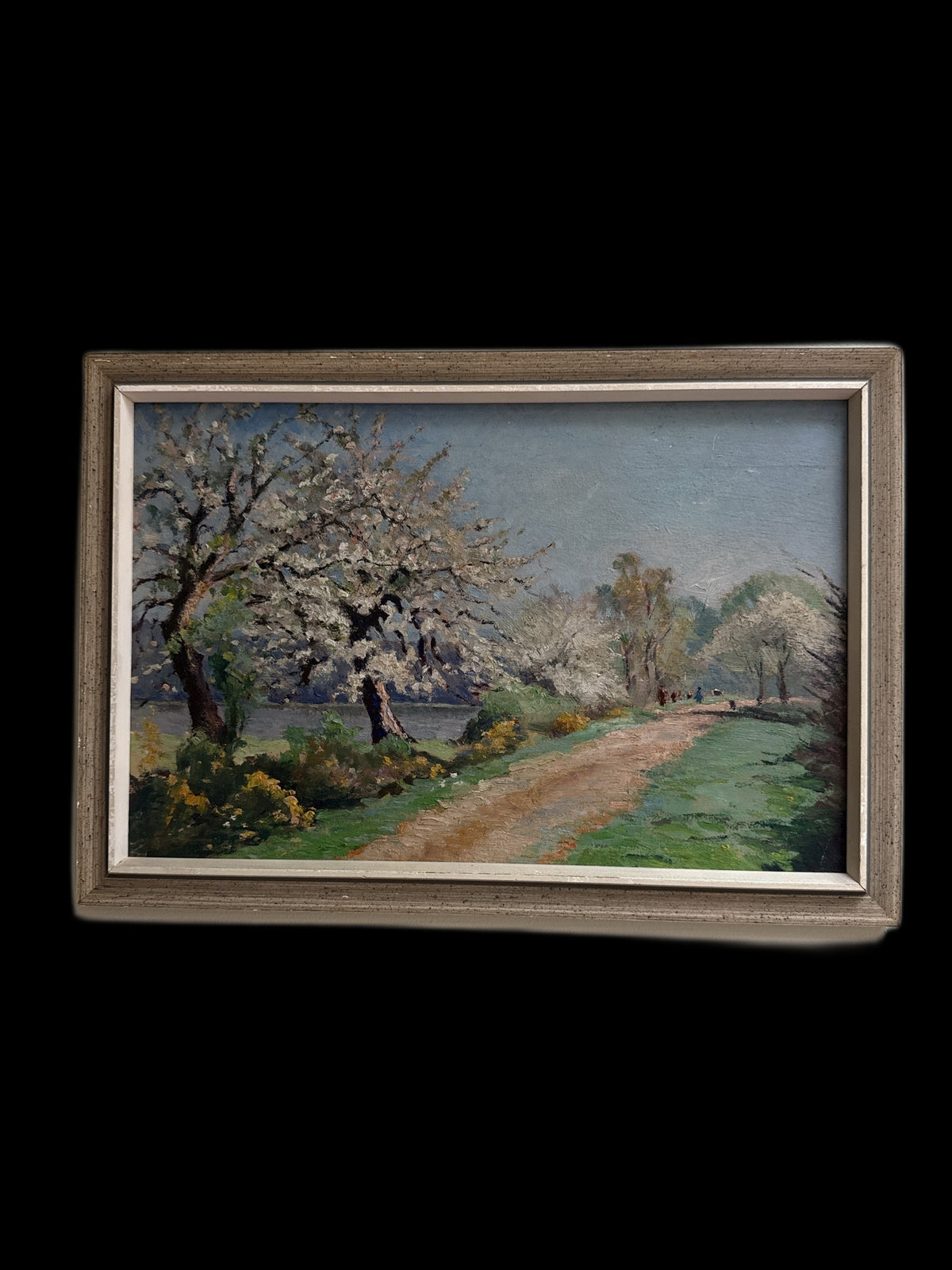 Vintage European Impressionist Oil, Spring Blossom Landscape, Figures, Unsigned