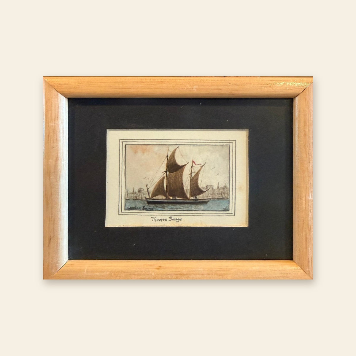 Victorian hand-colored engraving of a Thames barge, framed