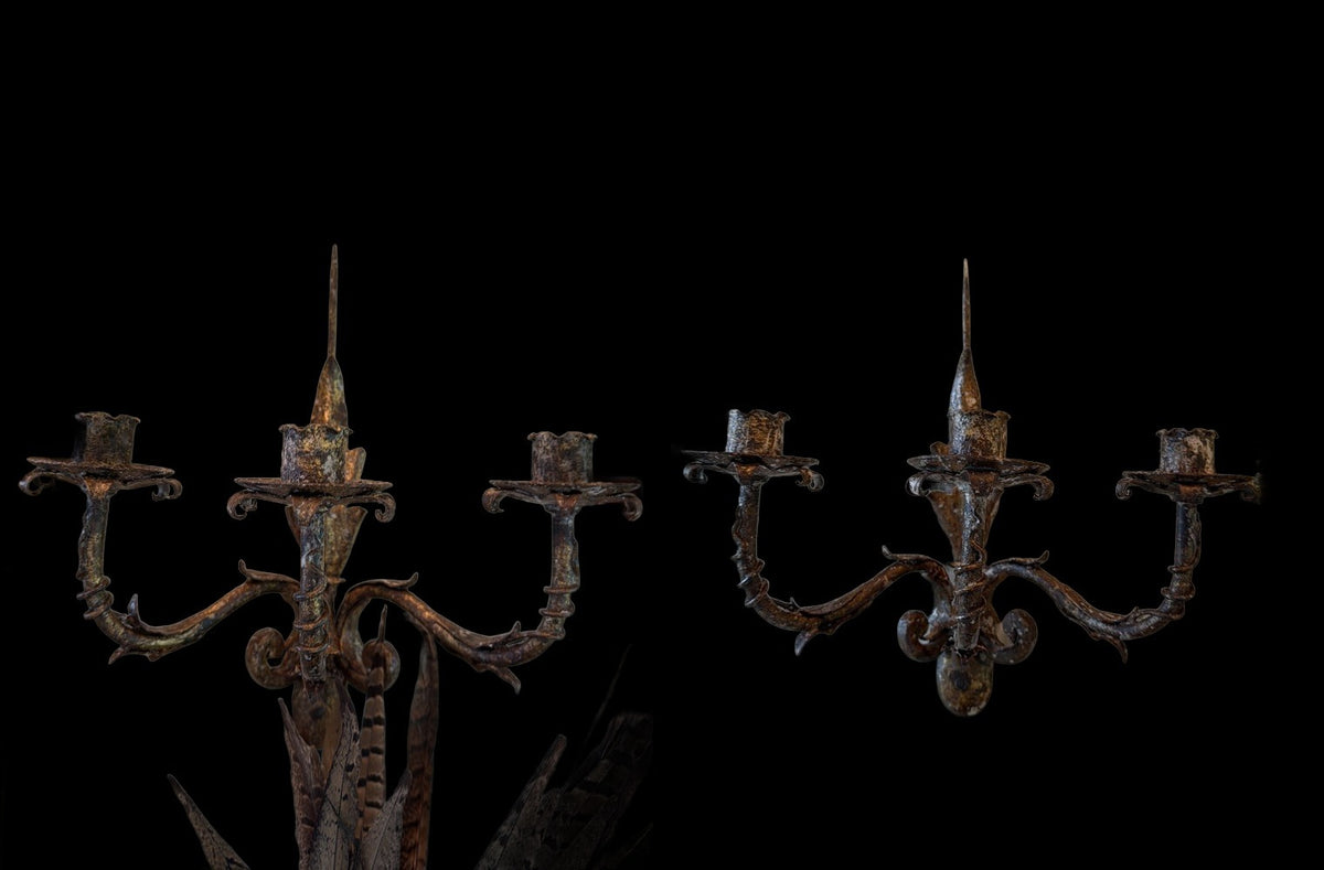 Pair Spanish or Italian Wrought Iron 3-Arm Pricket Wall Sconces, 18th C.