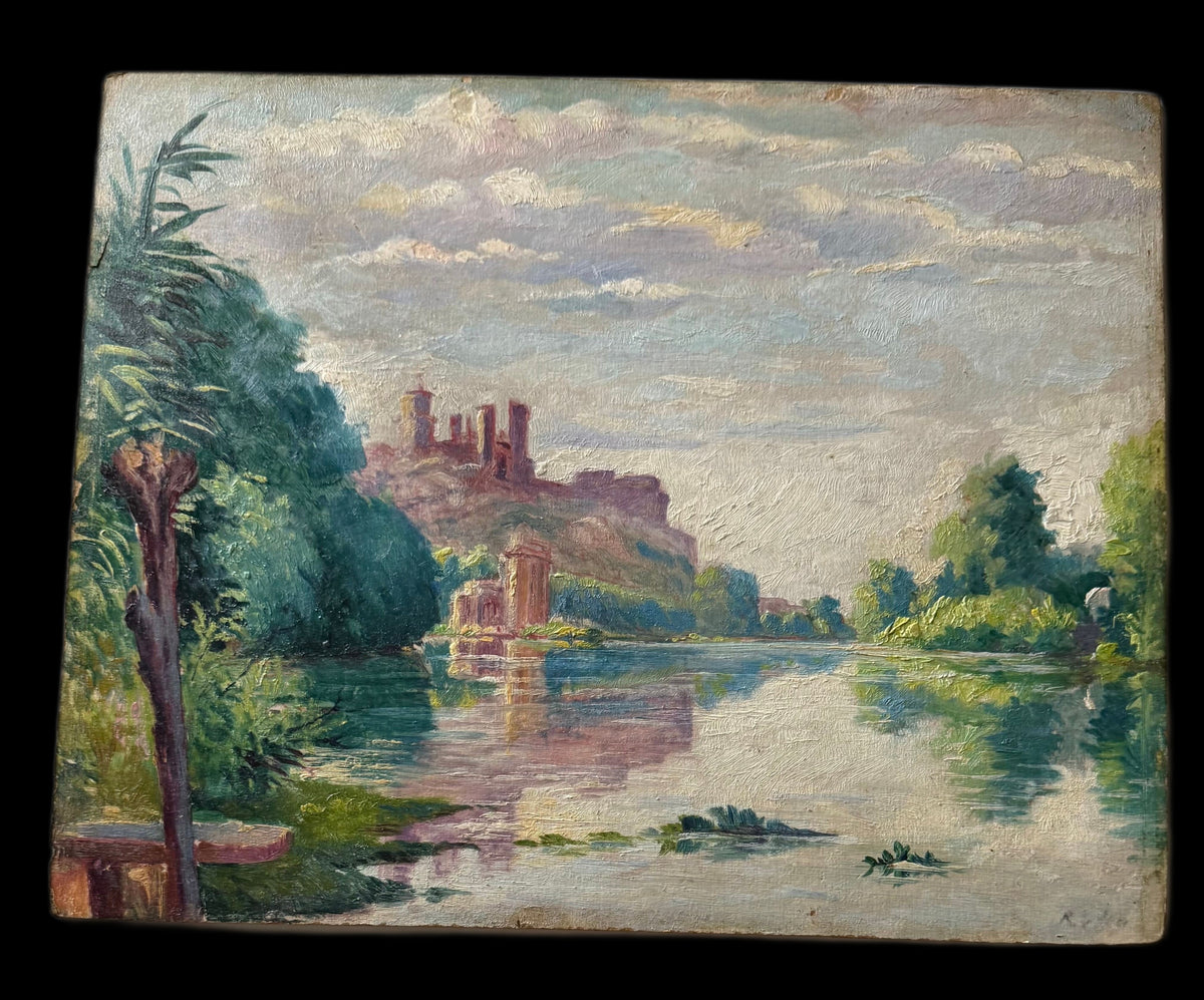 Antique French Oil on Board, River Landscape with Castle Ruins, Signed, c.1920