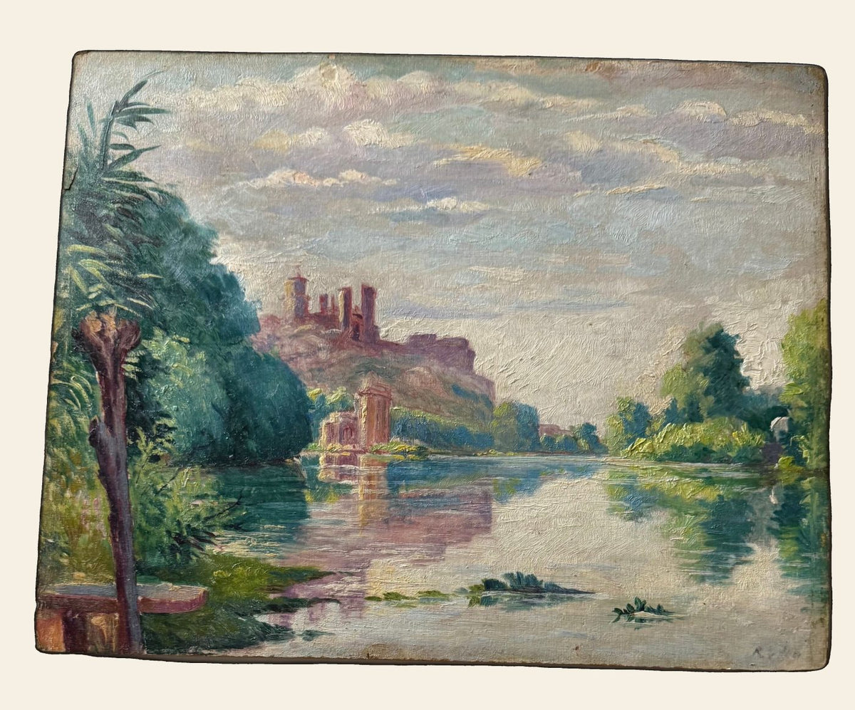 Antique French Oil on Board, River Landscape with Castle Ruins, Signed, c.1920