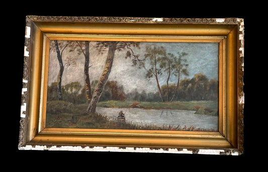 Antique European Oil on Panel River Landscape — Late 19th Century Romantic Tradition Signed Period Gilt Frame