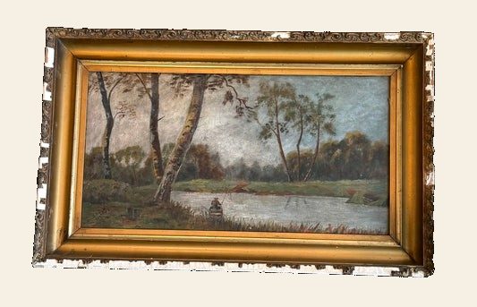 Antique European River Landscape, Birch Trees and Fisherman, Signed, Gilt Frame