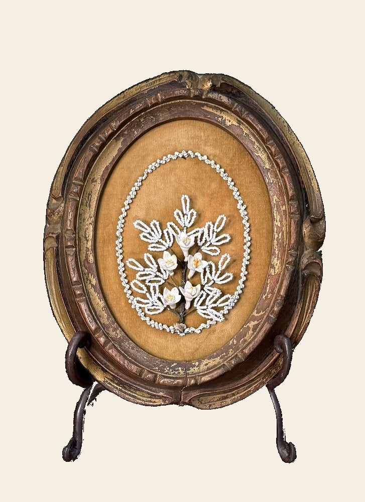 Antique French Beaded Glass Flower Composition, Bisque Blooms, Giltwood Frame