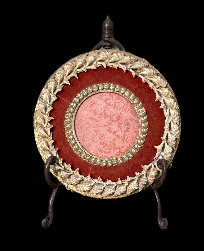 Antique Victorian Shellwork Picture Frame, Two-Band Conch and Periwinkle, Round