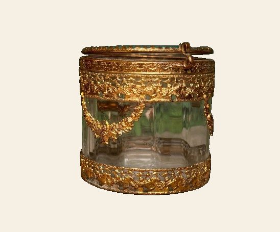 Antique French Gilt Brass and Glass Bonbonnière | Louis XVI Style Rose Swag and Basket Late 19th Century