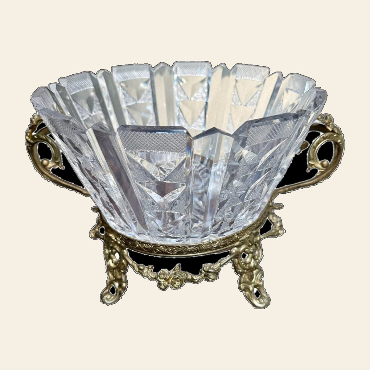 Antique Brilliant Cut Crystal Centerpiece Bowl, Gilt Metal Mount, Footed