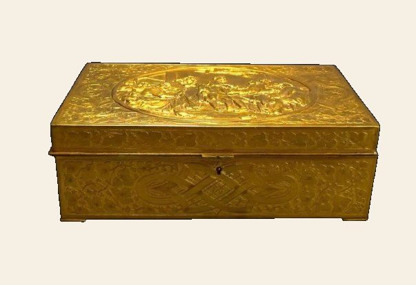 Figural Casket, Signed E. Laurent, Tavern Scene Relief, Gold-Painted Cast Metal
