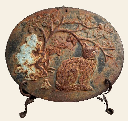 Cast Iron Oval Wall Plaque, Bas Relief Cat Among Flowering Branches, Aged Patina