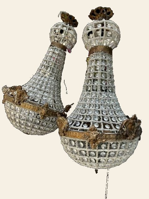 Pair French Glass Beaded Basket Chandeliers, Empire Taste, Early 20th Century