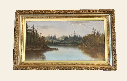 Late 19th Century Lake with Conifers Landscape, Oil on Board, Period Gilt Frame