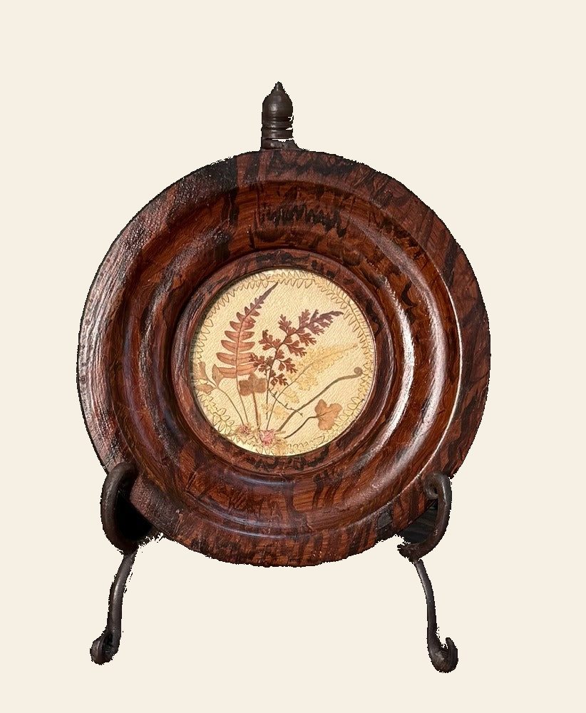 Antique Victorian Pressed Fern Composition, Faux Grained Wood Frame, Round