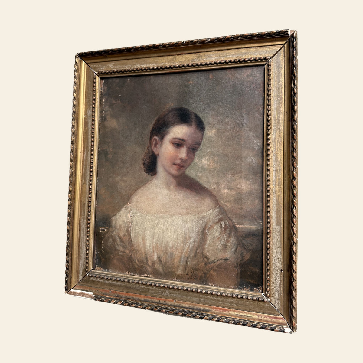 Antique 19th Century Portrait of a Young Girl, Oil on Canvas, Gilt Frame, c.1870