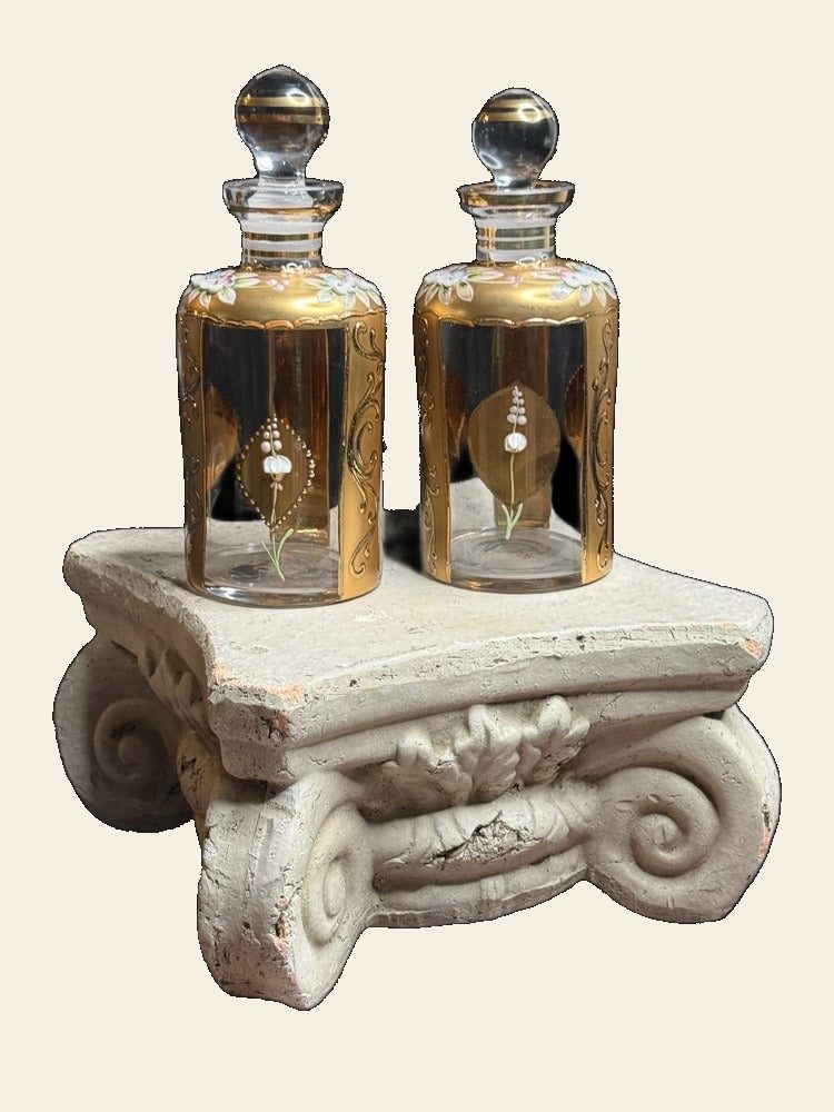 Bohemian Gilt Enamel Perfume Bottle Pair, Raised White Florals, Ball Stoppers