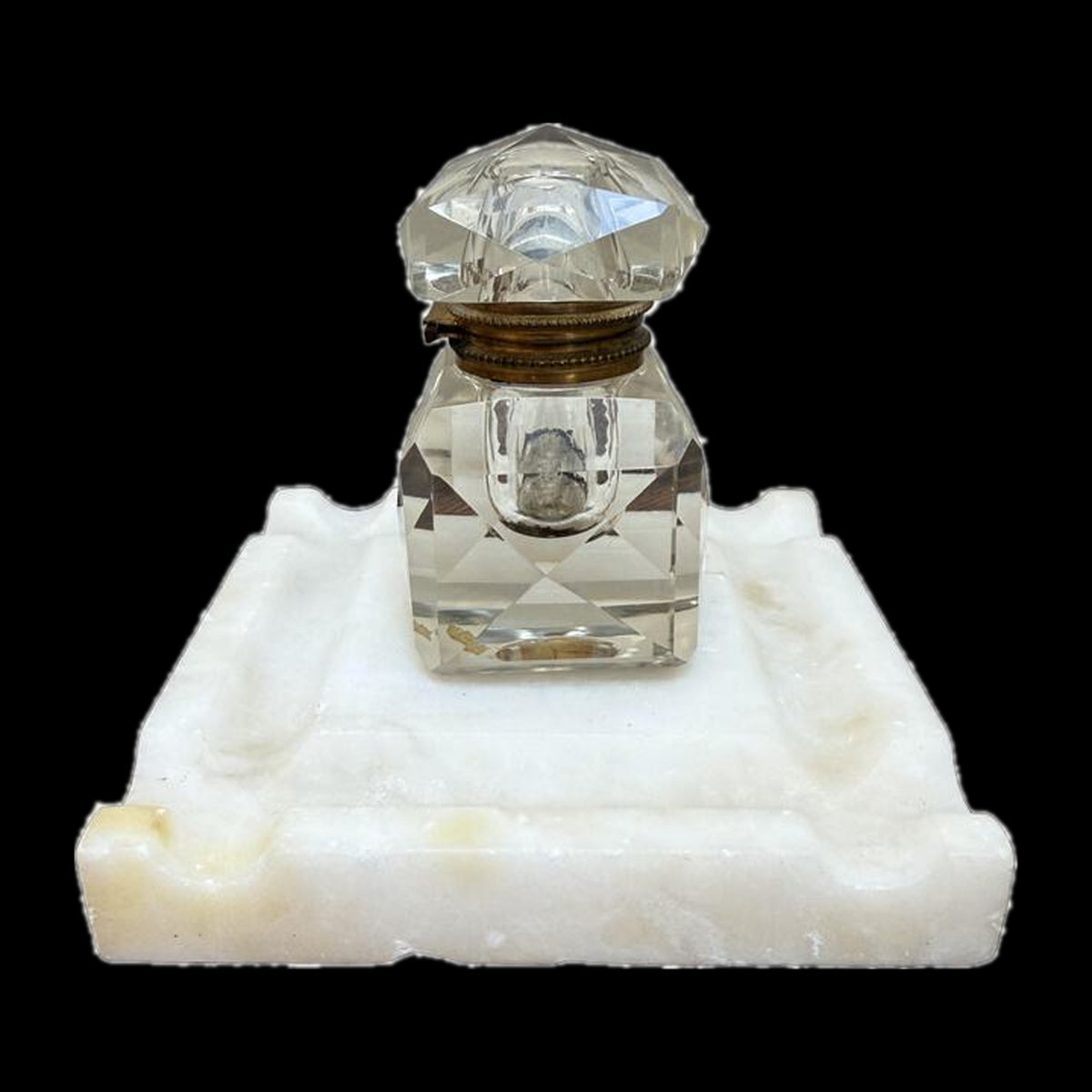 Antique Marble Inkstand, Cut Crystal Inkwell, Brass Fittings, Pen Rest, Victorian