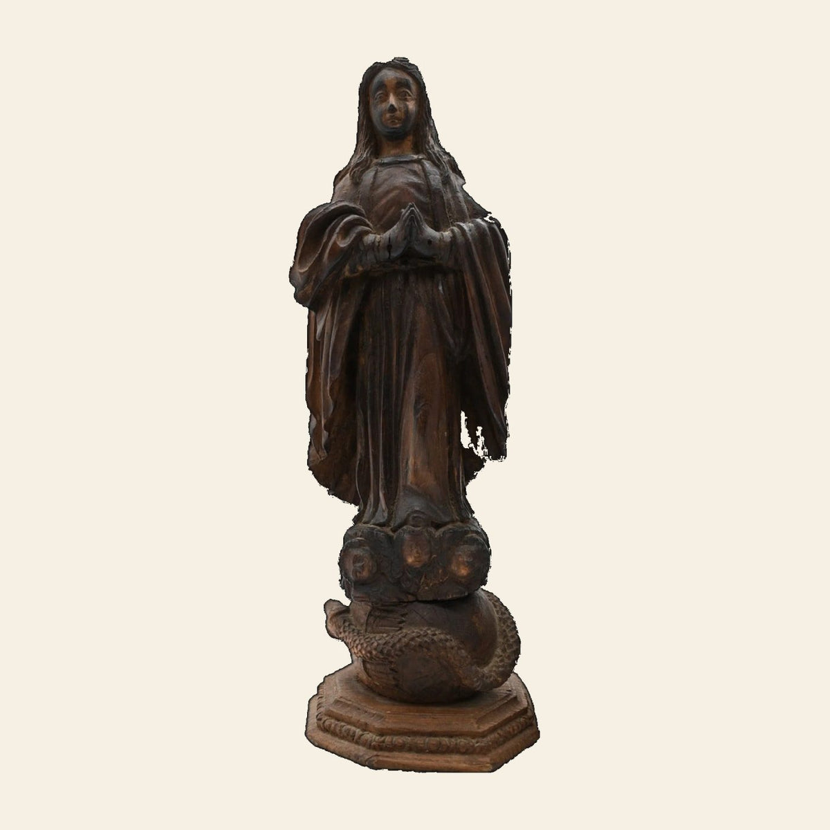 Antique European Walnut Madonna Statue | 18th–19th Century Immaculate Conception