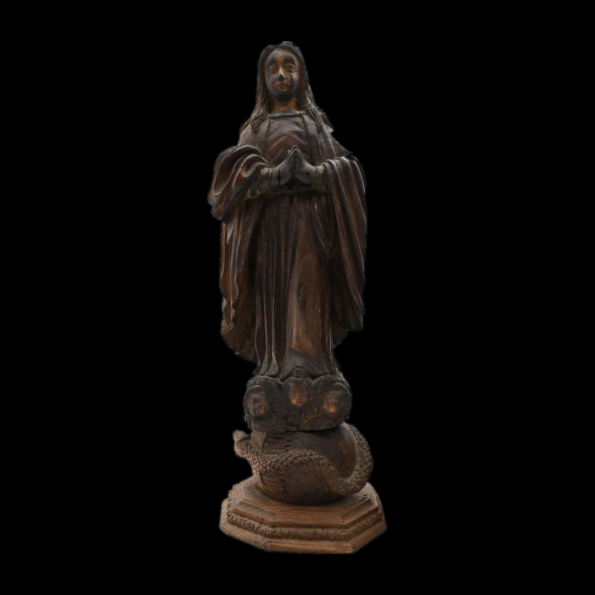 Antique European Walnut Madonna Statue | 18th–19th Century Immaculate Conception