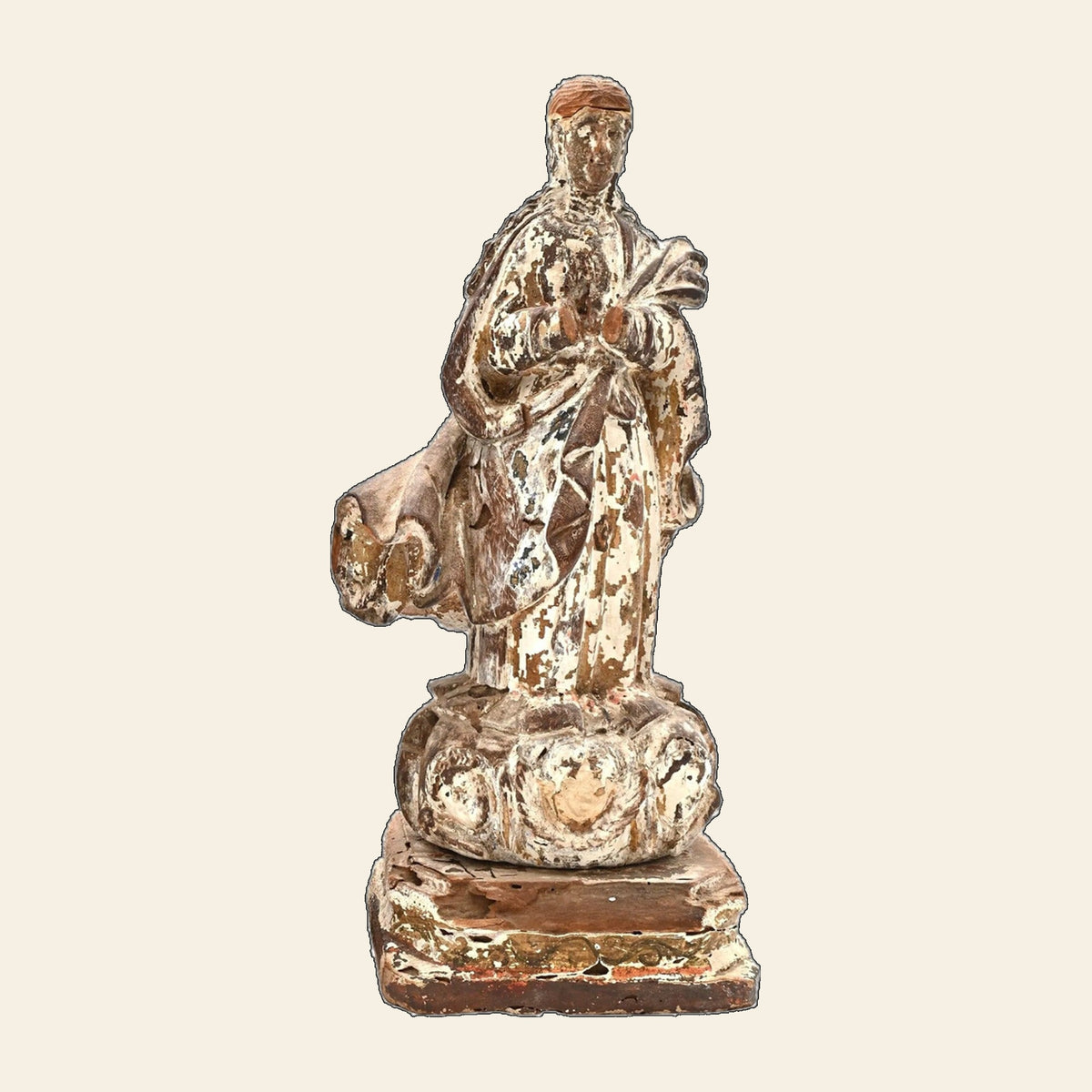 Antique European Walnut Madonna Statue | 18th–19th Century Hand-Carved Polychrome