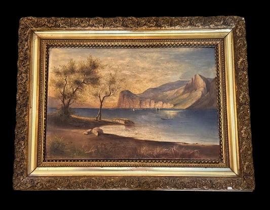 Antique Oil Painting, Mediterranean Coastal Landscape
