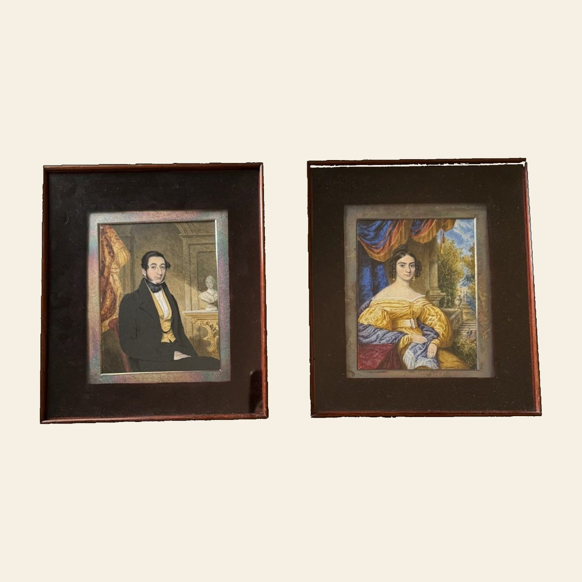 Attrib. J. Meadows, British, Pair Portrait Miniatures, Mr. and Mrs. Scavaffee, 1836