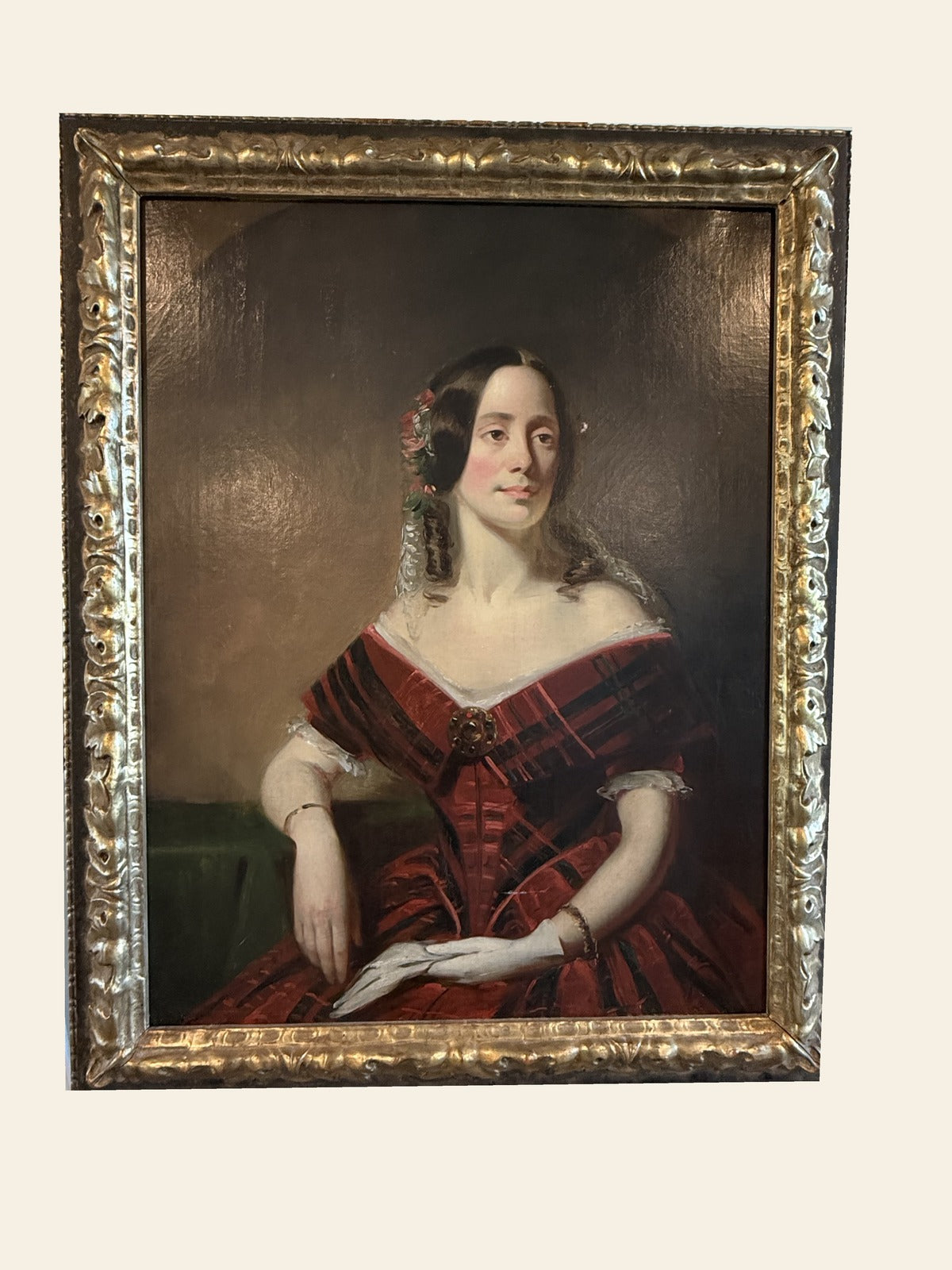 Victorian Oil Portrait, Young Woman in Tartan Dress, English School c.1845