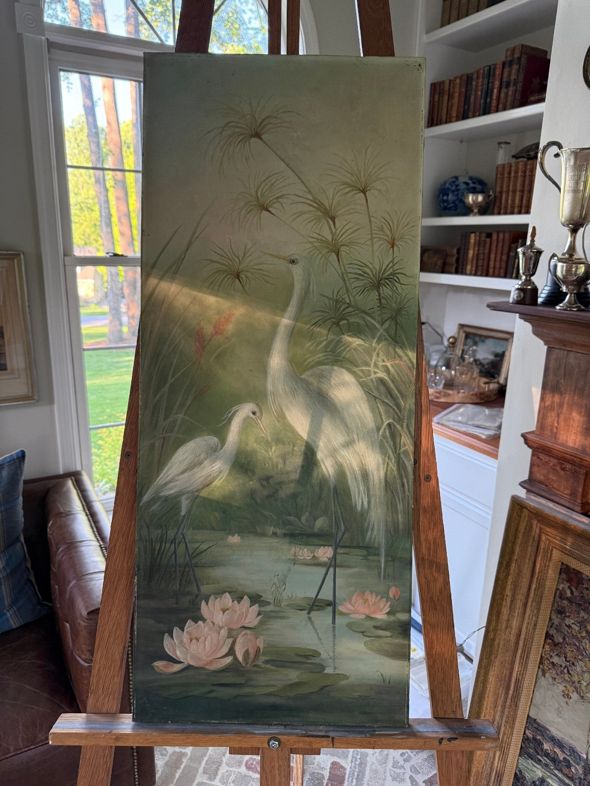 Aesthetic Movement British Oil, Two Egrets in Lotus Marsh, Rowney Canvas, c.1900