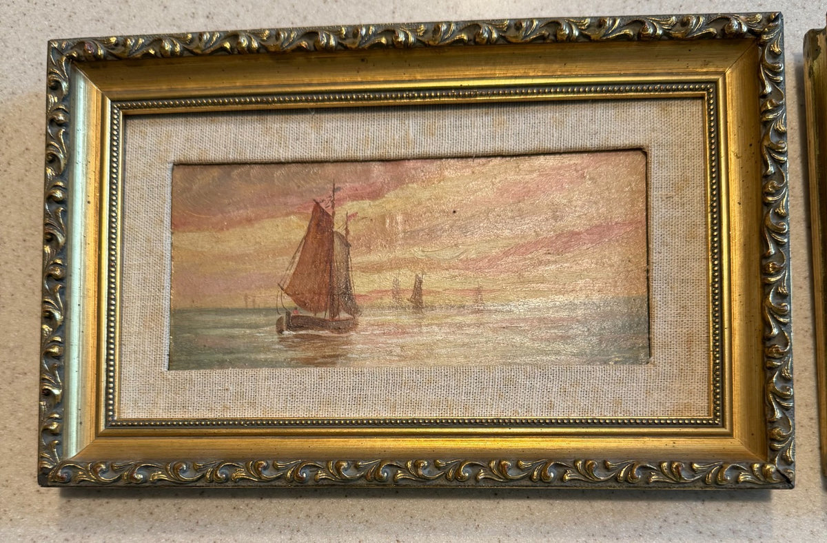 Pair of Late 19th–Early 20th Century Marine Oils, Dutch Fishing Boats, Indistinctly Signed, Matching Gilt Frames
