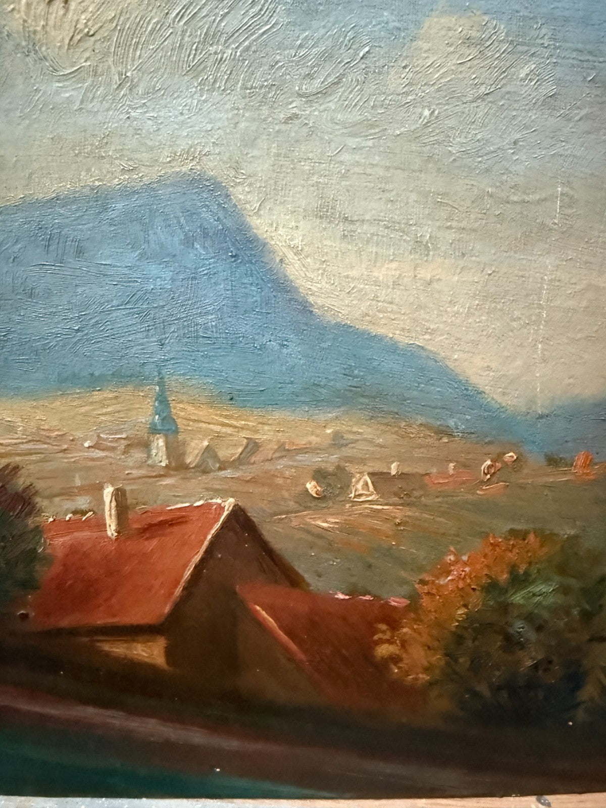 Antique German Oil Painting, Milseburg Mountain Village View, Kleinsassen, Rhön