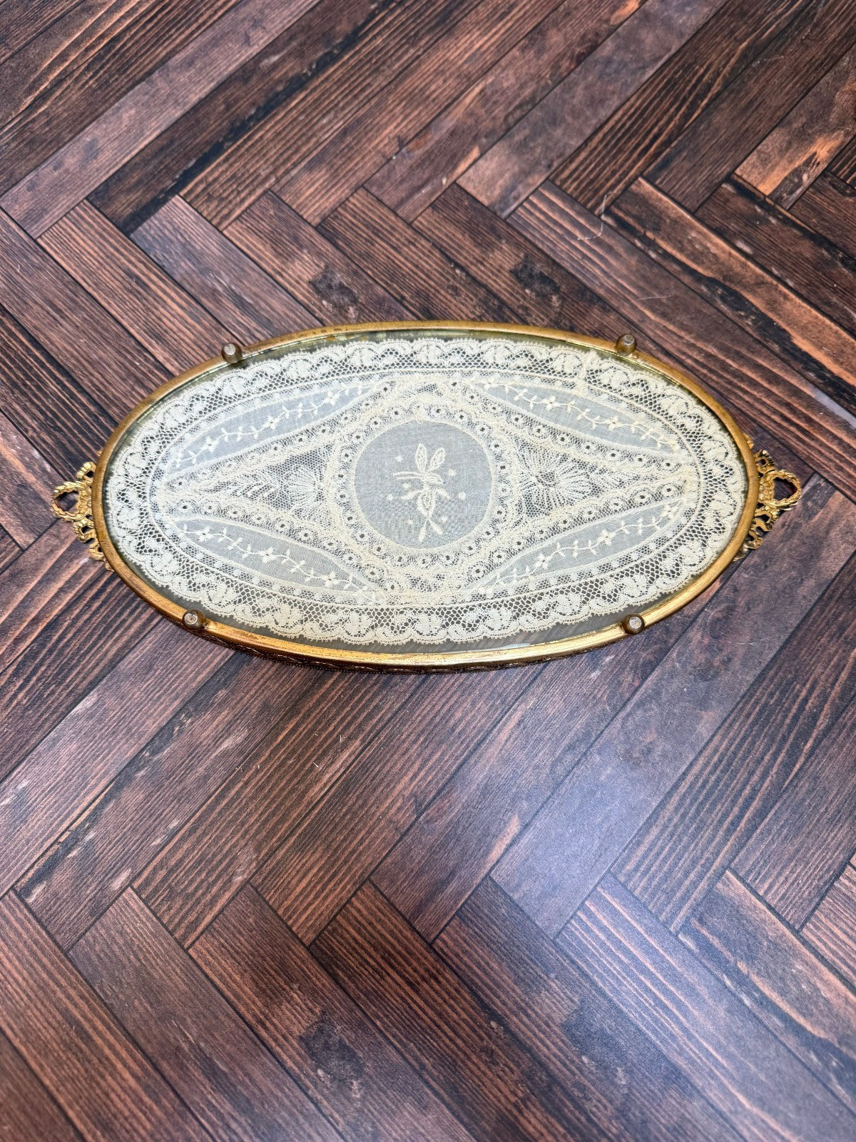 Antique Ormolu Lace Vanity Tray, Oval Gilt Bronze, Ribbon Bow Handles, Footed