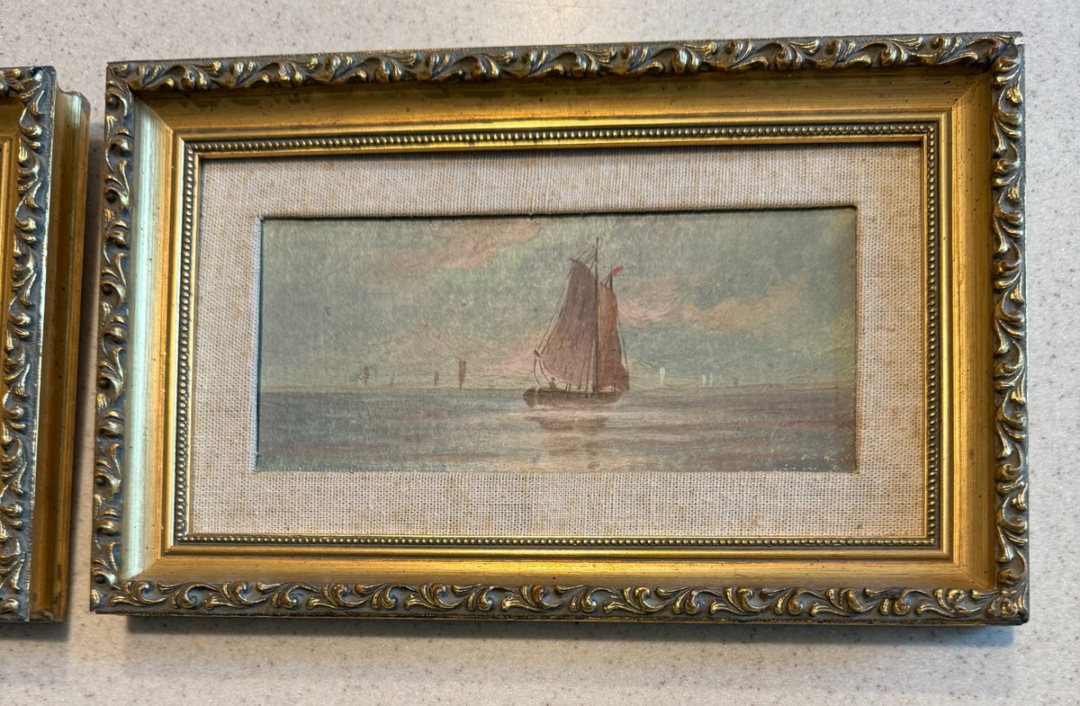 Pair of Late 19th–Early 20th Century Marine Oils, Dutch Fishing Boats, Indistinctly Signed, Matching Gilt Frames