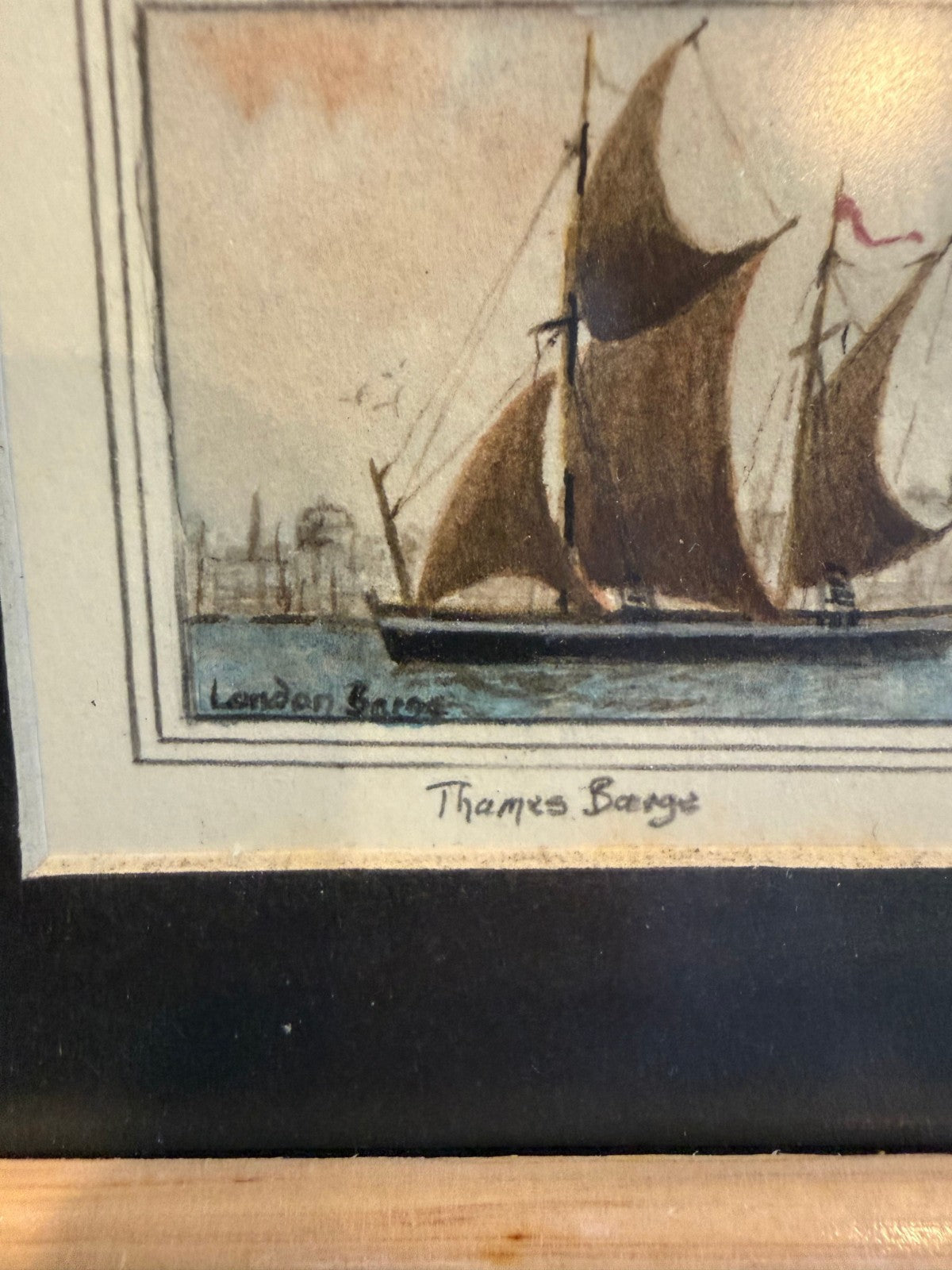 Antique British Hand-Colored Engraving, Victorian Thames Barge London River Scene