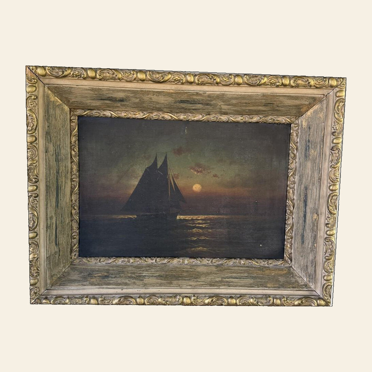 American Marine Oil, Moonlit Sailing Vessel, Signed Moran, Late 19th Century