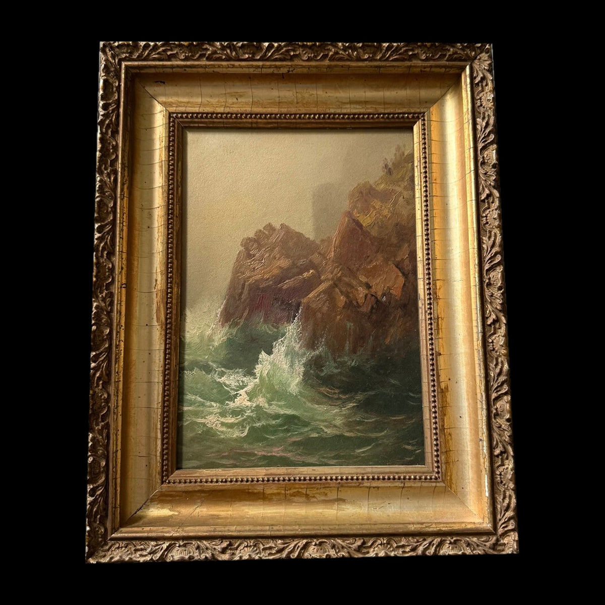 Attributed Harrison Bird Brown, Surf on Rocky Coast, Antique Oil on Paper