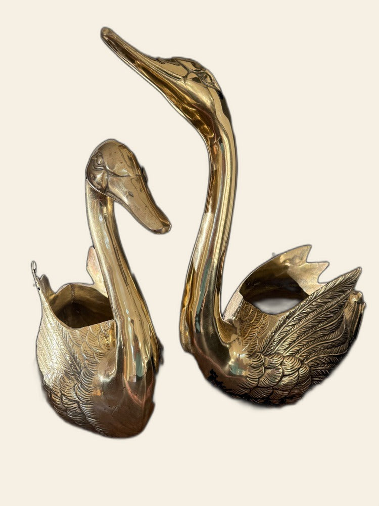 Antique Brass Swan Planter Pair