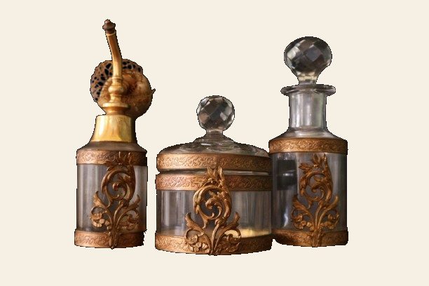 Antique French Gilt Brass Vanity Set, Belle Epoque, Three Piece, Made in France