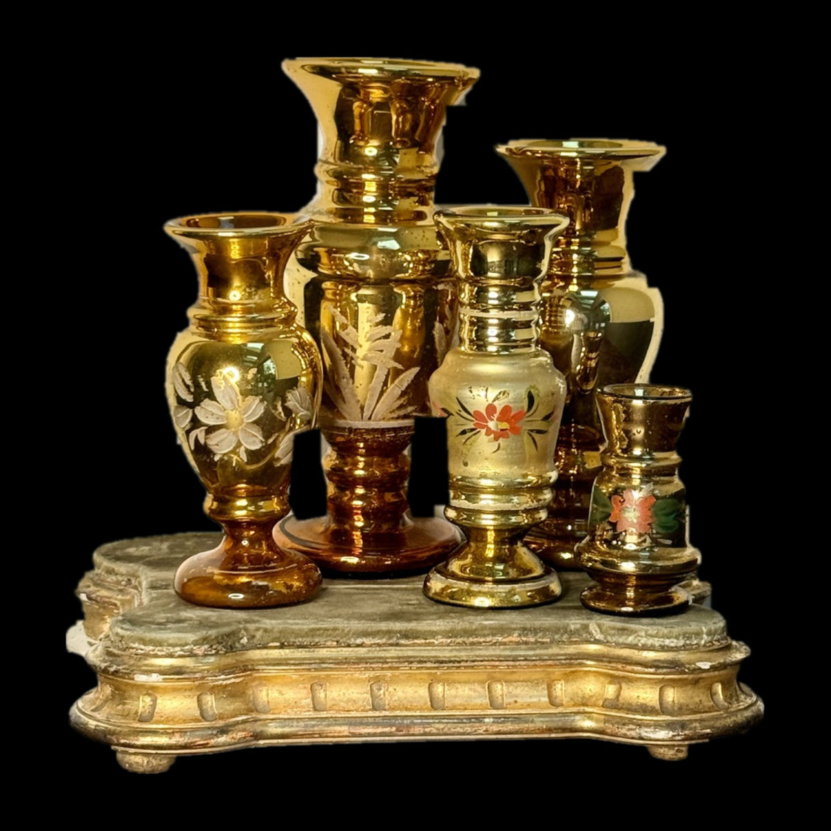 Antique Mercury Glass Vases, Set of 5, Gold Hand-Painted, Victorian, c.1860-1880