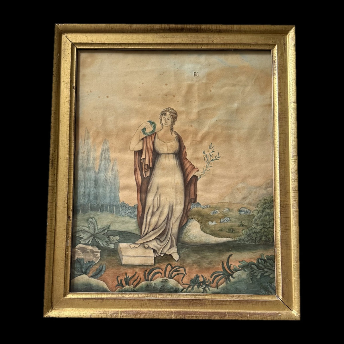 Antique American Watercolor, Allegorical Figure with Wreath, Gilt Frame, c.1820