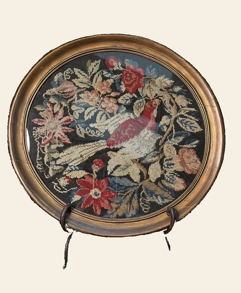 Antique Berlin Woolwork Oval Panel, Bird and Flowers on Black Ground, Gilt Frame