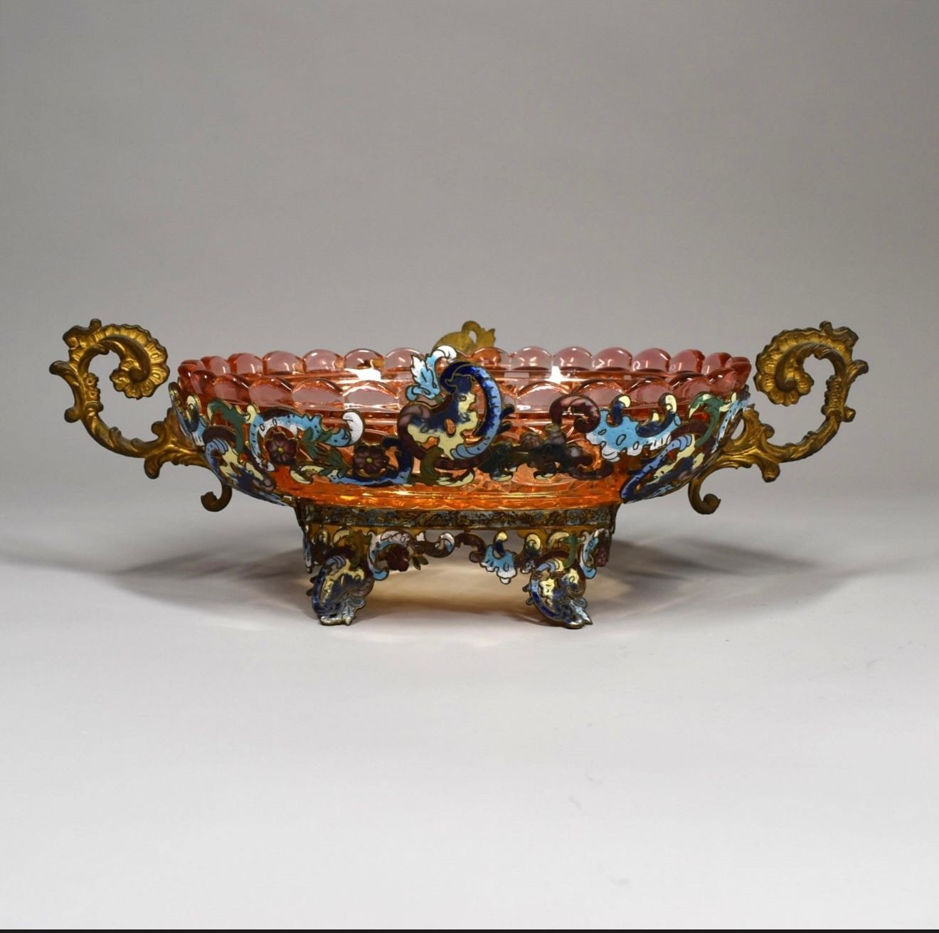 French Champlevé & Gilt Bronze Centerpiece Bowl, Rococo Revival, c.1870