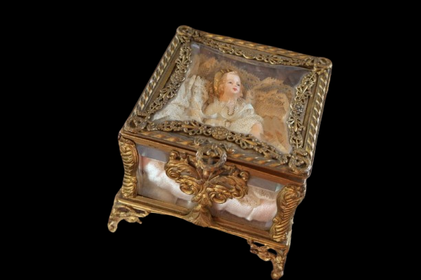 French Ormolu Glass Vitrine Casket, Wax Infant Figure