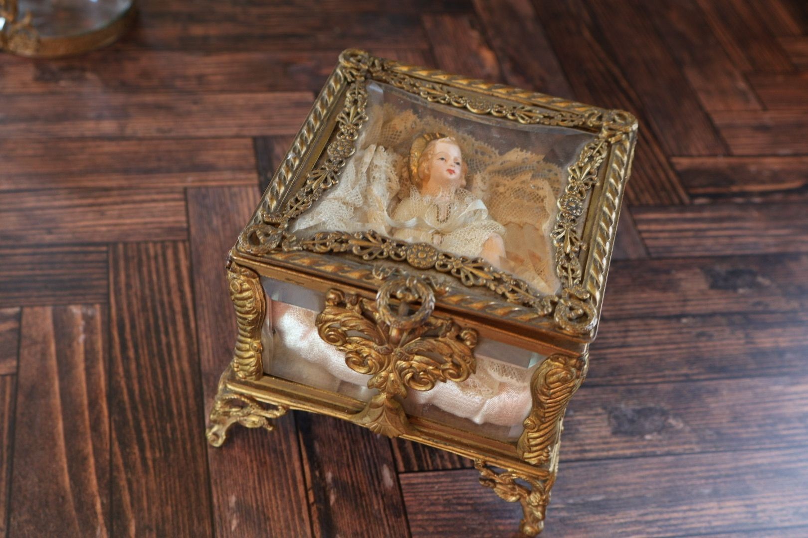 French Ormolu Glass Vitrine Casket, Wax Infant Figure