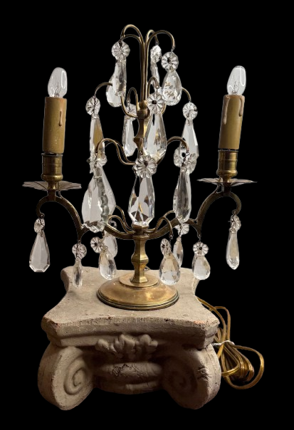 Vintage French-Style Brass & Crystal Two-Light Girandole Table Lamp — Newly Rewired Mid-20th Century