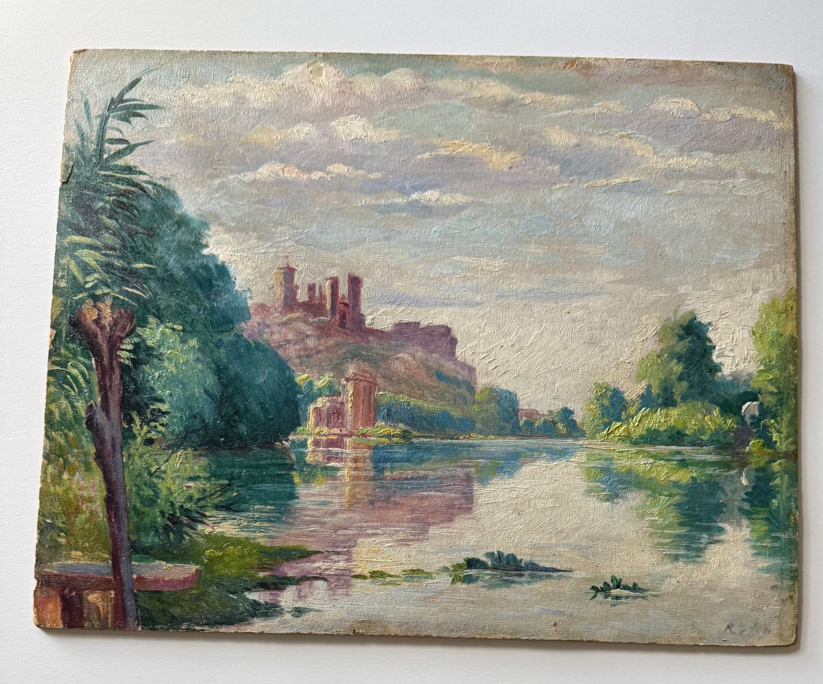 Antique French Oil on Board, River Landscape with Castle Ruins, Signed, c.1920