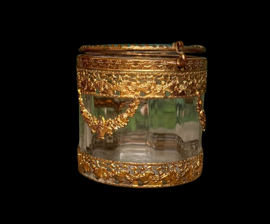 Antique French Gilt Brass and Glass Bonbonnière — Louis XVI Style Rose Swag and Basket Late 19th Century