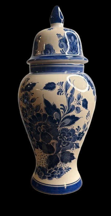 Vintage Dutch Hand-Painted Earthenware Ginger Jar — Delft-Style Cobalt Floral Mid-20th Century
