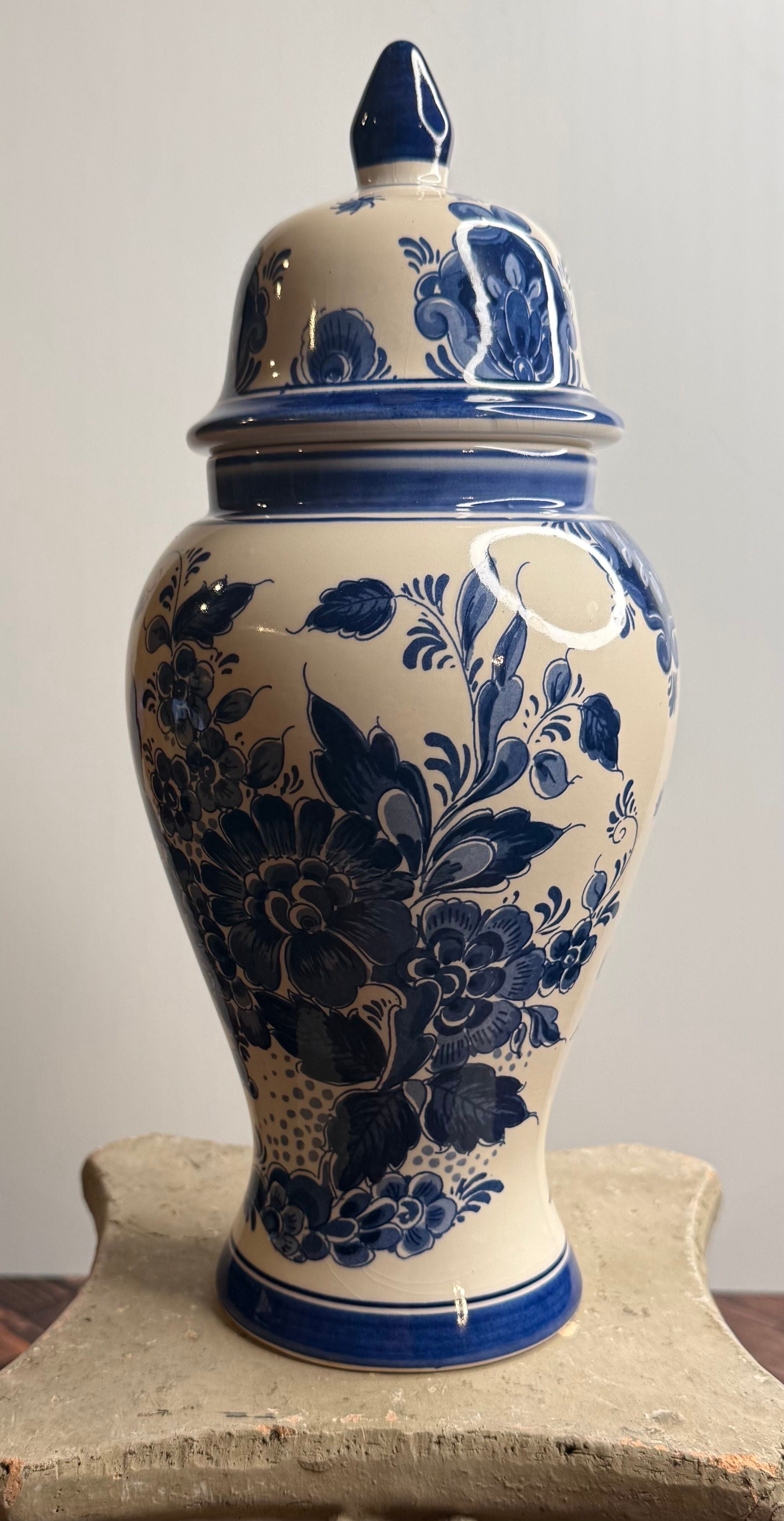 Vintage Dutch Hand-Painted Earthenware Ginger Jar — Delft-Style Cobalt Floral Mid-20th Century