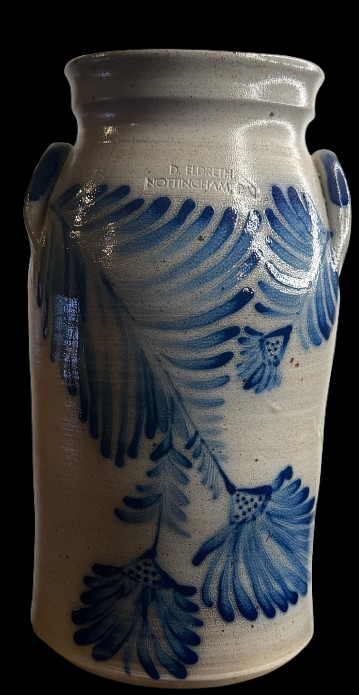 Vintage American Salt-Glazed Stoneware Vase — D. Eldreth Pottery Nottingham PA Cobalt Botanical